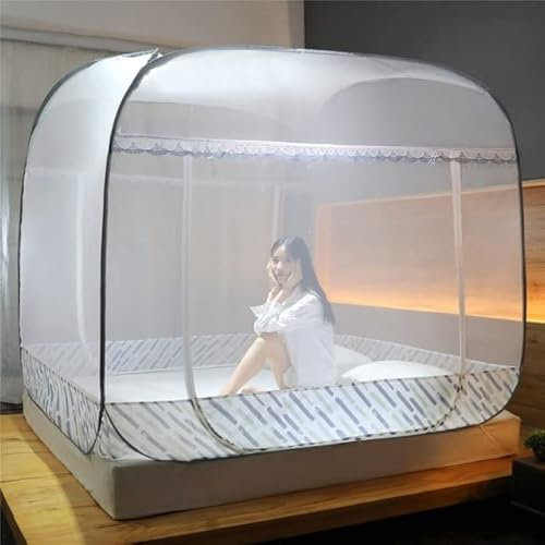 HTRNDDFF Tragbares automatisches Pop-Up-Moskitonetz Installationsfreies faltbares Studentenbett Atmungsaktives Netzzelt Moskitonetz Wohnkultur-gestreifte Silberne Asche, 180 x 200 x 170 cm