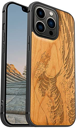 Carveit Magnetisch Hülle für iPhone 13 Pro Case [Elegante Kirschholz] [Weich TPU Stoßstange] Stoßfeste Handyhülle Kompatibel mit 13Pro Magsafe Hülle Holz （Die große Welle vor Kanagawa）