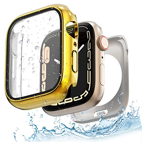 Yolovie 2 in 1 wasserdichte Hülle Kompatibel für Apple Watch Serie 9 8 7 41mm Zubehör, iWatch Glas Displayschutz PC Hard Schutz Case Schutzhülle, Hinterer Rahmen für Damen Herren, Glänzendes Gold