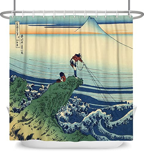 SDOTPMT 180x180cm Abstrakt Ukiyo-e Animes Duschvorhang Japanisch Ozean Wellen Berg Fuji Kanagawa Landschaft Badevorhang Orient Traditionell Badewannenvorhang für Badezimmer Polyester mit Haken