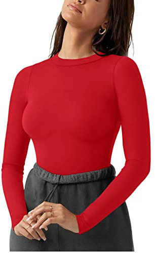 REORIA Women's Fall Fashion Crew Neck Double Lined Long Sleeve One Piece Fitted Tight T Shirts Leotards Bodysuits Tops For Going Out Plus Size Red Plus Size 2X-Large