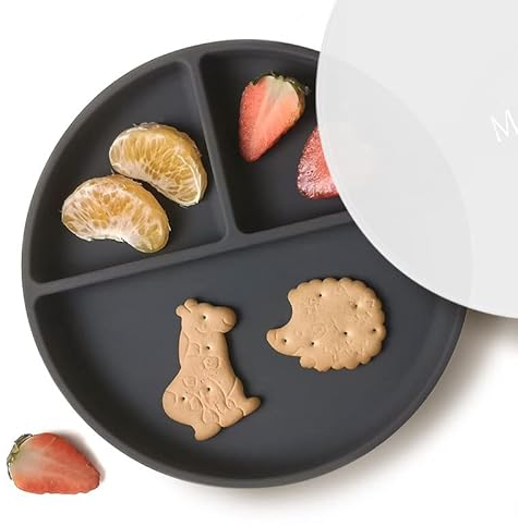 Moonkie Assiettes à Succion pour Bébés et Jeunes Enfants | Assiettes à Séparation en Silicone sans BPA avec Couvercle | Lavable au Micro-ondes et au Lave-vaisselle - 1 Pack (Dark Grey)