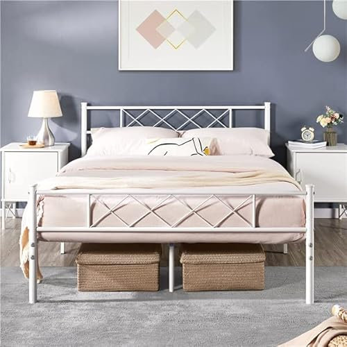 Yaheetech Cadre de Lit 140x200 cm en Fer Forgé avec Sommier, Lits Double 2 Places pour Adultes, Lits en Métal 2 Personnes Deux Places, 32,5 cm Espace de Rangement, Assemblage Facile, Blanc
