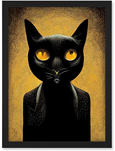 Doppelganger33 LTD Black Cat Le Chat Noir Modern Mustard Artwork Framed Wall Art Print A4