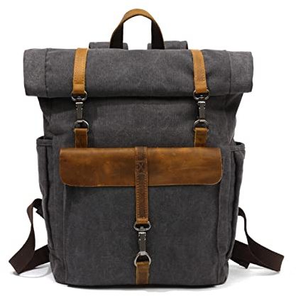 FANDARE Retro Backpack Roll-top School Bag Canvas Hiking Daypacks Unisex Knapsack Travel Rucksack fits 15.6 Inch Laptop for Women Men Work Commuter College School Leather Bookbag Black