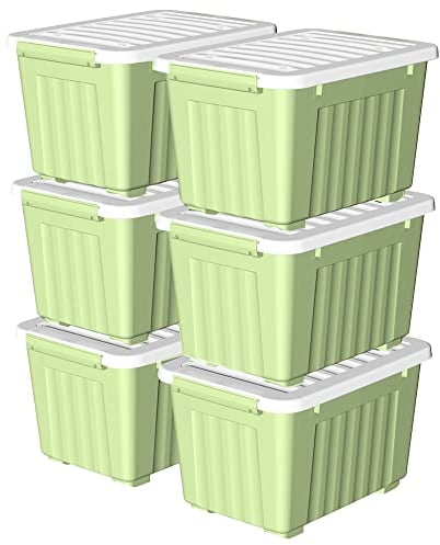 Cetomo 55L*6 Storage Boxes with Wheels, Plastic Storage Box with Lid, Latching Buckles, Click Closure, Stackable, Nesting, Durable Organizer for Home Office Clothes, Green, 55L-6 Pack