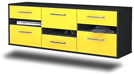 Lqliving TV-Board Lowboard Honolulu, Wandmontiert, Korpus in anthrazit matt, Front im trendigem Gelb (136x47x35cm), mit Metall Griffen, Made in Germany