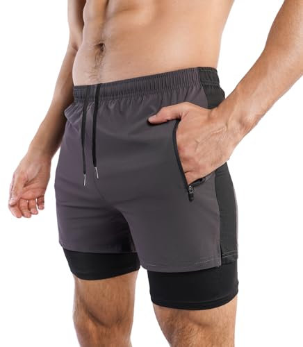 Donason Herren Sport Shorts 2 in 1 Sporthose Schnell Trocknend Laufshorts Sommer Kurze Hose mit Reißverschlusstasche für Training Fitness