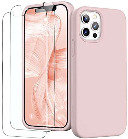 GOODVISH 3 in 1 Designed for iPhone 12 Case, iPhone 12 Pro Case with 2 Screen Protector, Liquid Silicone Soft Phone Case with Microfiber Lining Shockproof Full Protection Cover 6.1inch, Bare Pink