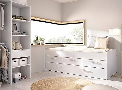 Dmora - Letto per bambini Alben, Struttura con secondo lettino estraibile, Letto singolo per cameretta con 3 cassettoni, 194x95h68 cm, Bianco