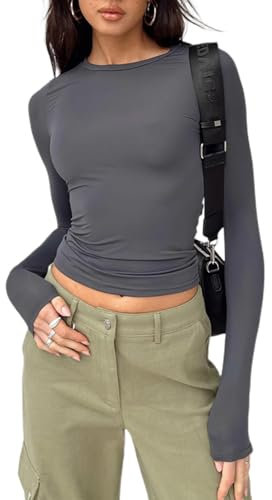 Flintronic Women's Long Sleeve Scoop Neck T-Shirt - Slim Fitted Crop Top Blouse, Aesthetic Streetwear - Grey/S