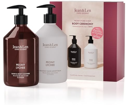 Jean & Len Body Ceremony Peony und Lychee Hand- und Körperreiniger und Handbehandlung, hochwertige Verpackung für ein veganes Geschenk, zart blumiger Duft, FSC-zertifizierte Verpackung
