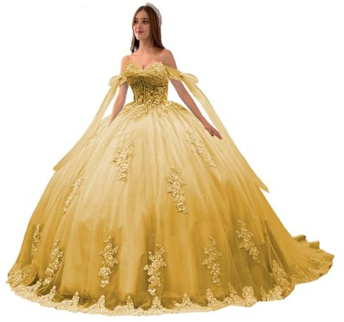 Beyonddress Off Hombro Vestidos de Noche Princesa Vestidos De Quinceañera Encaje Apliques Vestido De Bola Dulce 16 Vestidos, dorado, 40