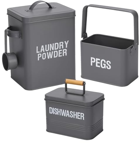 3 Piece Laundry Storage Containers, Utility Kitchen Storage Canisters, Washing Powder Storage, Peg Storage Tin, Dishwasher Tablet Container, Kitchen Storage Set, Laundry Storage Tins, Grey