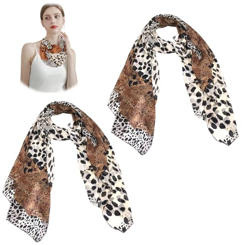 Yuqilin 2 Stück Halstuch Damen,160 * 50CM Leopardenmuster Kopftuch Damen Sommerschal Damen Dünn Leopard Print Chiffontücher Seidentuch Leopard(Leopardenmuster-Braun)
