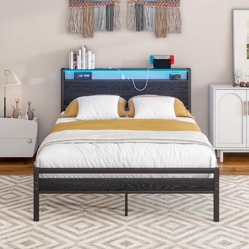 BORPHOM Bettrahmen mit Ladestation,LED Beleuchtung,Doppelbett Gästebett Metallbett 120x200 Bettgestell aus Metall,Jugendbett mit Lattenrost Kopfteil in Schwarz,für Schlafzimmer Gästezimmer