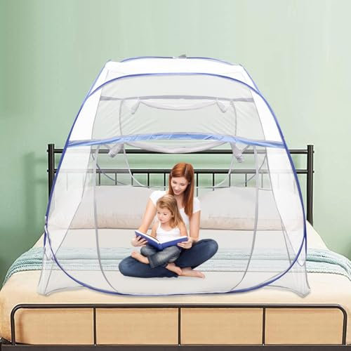 Zanzariera per letto, baldacchino con quattro quadrati, porta tripla a forma di U con doppia cerniera, completamente chiusa a 360°, per letti queen size, larghezza 200 x 180 x 145 cm