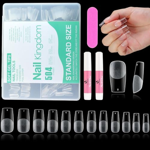 504-Pcs Upgraded Soft Gel Square Gel Nail Tips - Press-on Nails, Pre-Shaped, Clear, Full Cover Acrylic, French, False, for Nail Extension