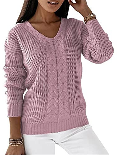 Générique Pull Femme Slim en Laine Grandes Tailles Sweater Tricoté Hiver Jacquard Vetement Hiver Crew Neck 2024 Rose M