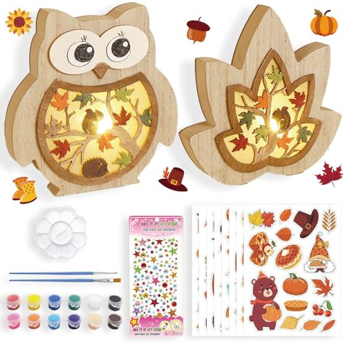 Shinybox Herbstdeko Lampe, 3D Holz LED Dekoration Laterne, 2 Stück DIY Herbst Dekoration mit 8 Herbstlichen Aufklebern + 12 Farben der Farbe, Herbst Holz Ornament für Party Erntedankfest Innen Deko(C)