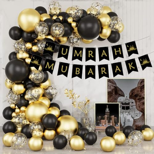 Umrah Mubarak Deko, Dekorations Set, Banner mit der Aufschrift Umrah Mubarak, Ballonset in schwarz und gold, 109 Ballons,Ballongirlande