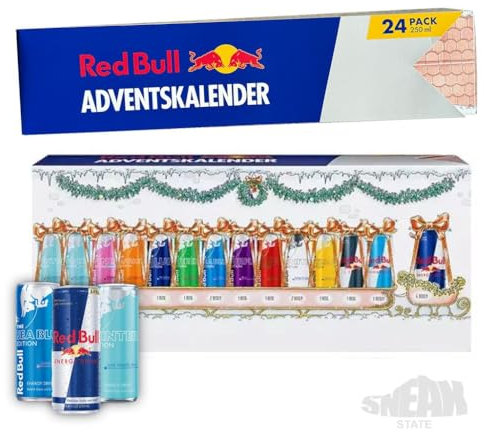 Red Bull Adventskalender 2024 - Offizieller RedBull Weihnachtskalender -NEUHEIT- 24x 0,25 L Getränke Dosen Advent Kalender, verschiedene Sorten Redbull, inkl. JUNG Cosmo Spray Exklusiv 200ml
