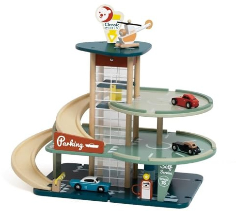 Classic World Parkgarage 3-stöckig aus FSC-Holz & Bio-Kunststoff, Retro-Parkhaus mit Aufzug, Tankstelle, Autos & Hubschrauber, Spielgarage ab 3 Jahren