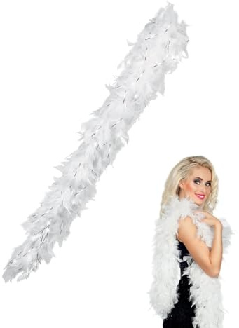 FDCGAS federboa weiß - 1 pcs Federschal Kostüm Länge ca120 cm,Kostüme für Junggesellinnenabschiede,Gatsby, Karneval, Halloween, Fasching, Mottoparty, Kostüm, Theater,Weißer + silberner Draht