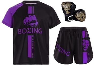 YOOJIA Tuta da Boxe Bambino Ragazzo T-shirt E Pantaloncini Con Guanti Da Boxe MMA Kickboxing Combat Pantaloni Corti Sportivi Kick Boxe Allenamento Grappling Muay Thai Fitness, viola e nero, 9-10 Anni