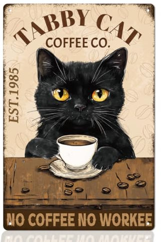 WEBEEDY Schwarze Katze Kaffeekanne Schild Kein Kaffee Kein Arbeiten Lustige Metall Kaffee Katzenschilder Dekor Retro Katzenposter Wanddekor Für Zuhause Café Bar Bauernhaus Und Büro 20x30cm