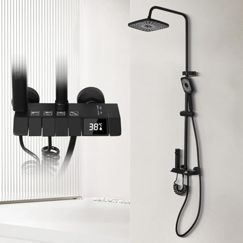 DnKelar Colone de douche Douche multifonctionnelle Colonne douche aciers inoxydables pour baignoire Colonne de douche noir Hauteur et angle ajustables (Noir)