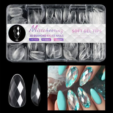 3D diamond shapeNail Tips -140PCS Soft Gel Full CoverNail Tips 2025 new model Nail Tips Kit for Nails Extensions, Clear Acrylic Glue Tips ，Nail Tips for Manicure Salons Nail Art