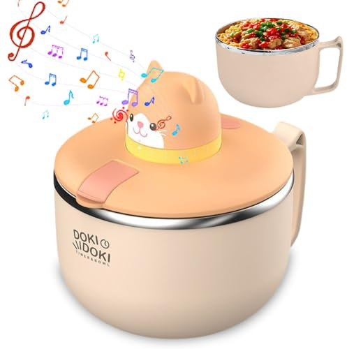 Penbinmall Ramen Schüssel mit Deckel,Instant Nudeln Schüssel 1200ml,Tragbare Nudelschale Edelstahl mit Zeitschaltuhr und Lüftungsloch,Bowl Schüssel für Nudeln, Bento, Mittagessen(Katze)