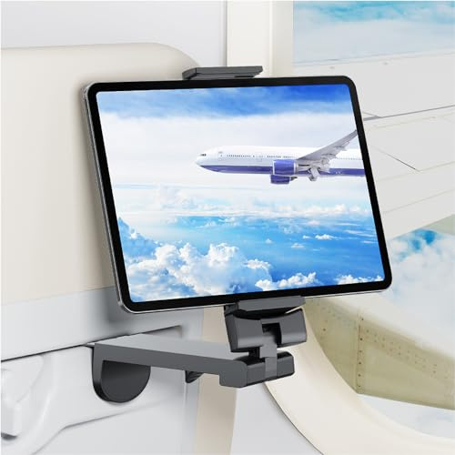 Huogantom Soporte para tableta de avión, soporte manos libres esencial para viaje con rotación de 360 grados, apertura máxima de abrazadera de 7.6 pulgadas, compatible con tabletas iPad/Galaxy (solo