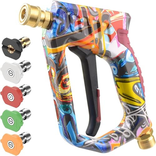 Pressure Washer Gun Heavy-Duty Trigger Gun with 5 Quick Release Spray Nozzles, M22-14mm Adaptor Inlet & 1/4'' Quick Connect Outlet Short Gun,Colorful Power Wash Handle for Car Cleaning