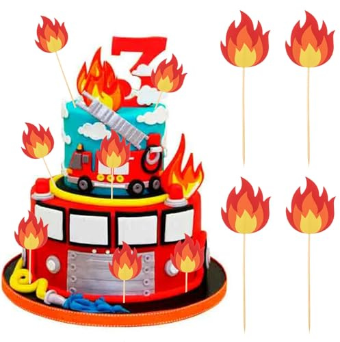 CESTAME 48 Stück Feuerwehrauto-Kuchenaufsatz, Feuerwehr-Cupcake-Topper, Flammenkuchen, Flammenkuchen, Dekorationen, Feuer, LKW, Geburtstagsparty, Zubehör, Feuerwehrmann, Mottoparty, Kuchendekorationen