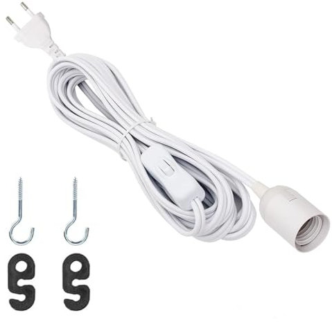 MejaRizon Lampenfassung E27 mit Kabel, 1,8m Lampenfassung mit Kabel, E27 Fassung mit Kabel mit Hakenschraube, Fassung e27 mit Kabel Geeignet für Lampenaufhängung, Deckenlampen, DIY Projekte(Weiß)