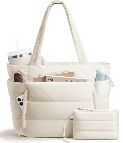 Bagstellar Puffer-Tragetasche für Damen, leichte, bauschige Arbeitshandtasche, Lehrer, Krankenschwester, gesteppt, Schultertasche für Schule, Reisen, Fitnessstudio, Cream, Large, Tragetasche