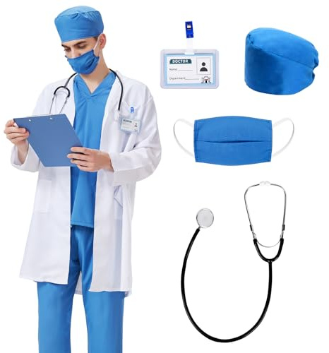 Charmofun Arzt Kostüm für Erwachsene, Arzt Kostüm Karneval, Chirurg Arztkittel, Doktor Kostüme Inklusive Stethoskop und Arztausweis, Doktorkostüm Chirurgen Fasching Karneval (M)