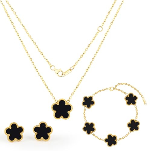 LjFrexia Vierblättriges Kleeblatt Schmuck Set,18K Vergoldet Vierblättriges Kleeblatt Halskette Ohrringe Armband, Edelstahl Zweiseitig Glücksklee Schmuck, Geschenk für Damen und Mädchen