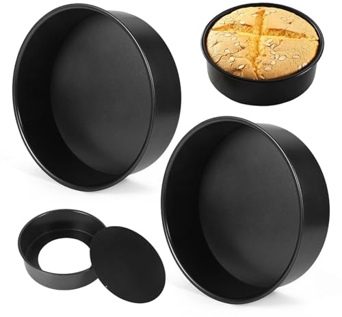 8 inch Cake Tin Set of 2, 6.5cm Deep Stainless Steel Non-Stick Cake Pan | Round Cake Tin for Baking Roasting Serving, Removable Bottom Cake Pan for Birthday & Wedding (20cm, Black)