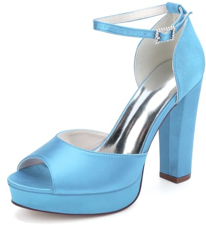 LRMYMHY Zapatos De Boda para Mujer con Plataforma Y Tacón Grueso Punta Abierta Correa Al Tobillo Y Hebilla Sandalias De Tacón,Sky Blue,41 EU