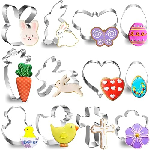 BAHME 12 Pcs Formine Biscotti Pasqua Stampi 3d Tagliabiscotti Uovo di Pasqua Acciaio Inox Fiore Coniglietto Carota