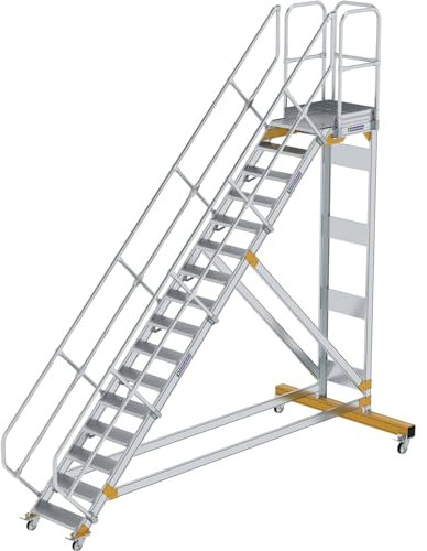 Aluminium-Plattformtreppe fahrbar 45°, Stufenbreite/Stufentiefe 600 / 240 mm Stufenanzahl 16, Senkrechte Höhe 3,33 m