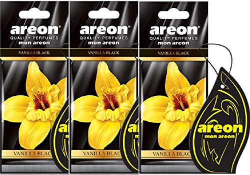 AREON Mon Auto Lufterfrischer Vanille Schwarz Duft Autoduft Hängend Aufhängen Anhänger Spiegel Pappe 2D Wohnung (Vanilla Black Set Pack x 3)