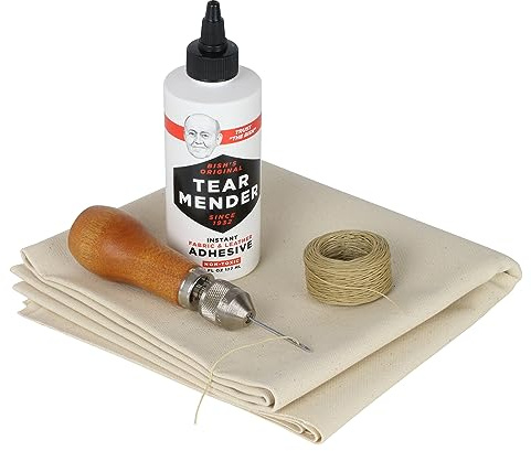 Outfitters Supply Complete Repair Kit for Canvas Tents, Tarps, Marine and Boat Covers | with 6oz Tear Mender Glue, Speedy Stitcher, Over 6 Sq Ft of Canvas and 30 Yards of Thread