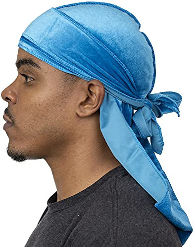 Veeta Superior Velvet Durag – Weiche Samt-Durags für Damen und Herren, Lange, doppelt breite Träger, seidiges Durag-Futter, dreifach genäht, Babyblau, Einheitsgröße