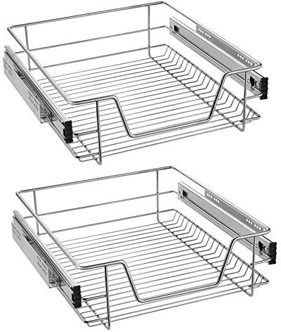 SAILUN Pull-Out Wire Baskets 500mm Wide Cabinet Slide Out Wire Storage Drawers for Kitchen, Pantry, Bathroom Cabinets, Base Larder Organiser Size: 470 * 440 * 140mm Silver Set of 2 (500mm)