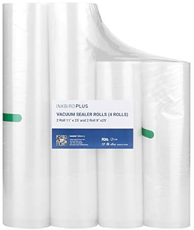 Inkbird 4 Rolls Vacuum Sealer Bags, 11 x 25' 2 Rolls & 8 x 25' 2 Rolls Vacuum Sealer Rolls for Food Saver, Sous Vide Bags Food Storage Freezer Sealer Bag for Cooking with BPA Free