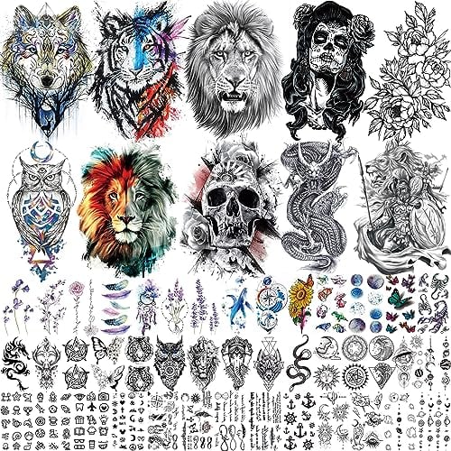 53 Blätter Groß Bunt Tiger Drachen Eule Löwe Temporäre Tattoos Frauen Männer, Realistisch Halloween Festival Fake Tattoos Zum Aufkleben Wasserfest Wolf Blume Stern Damen Herren Erwachsene Klebe Tattoo